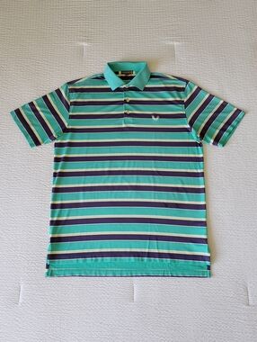 NWOT! PETER MILLAR Men's Summer Comfort Striped Logo Golf Polo Shirt (M) Aqua